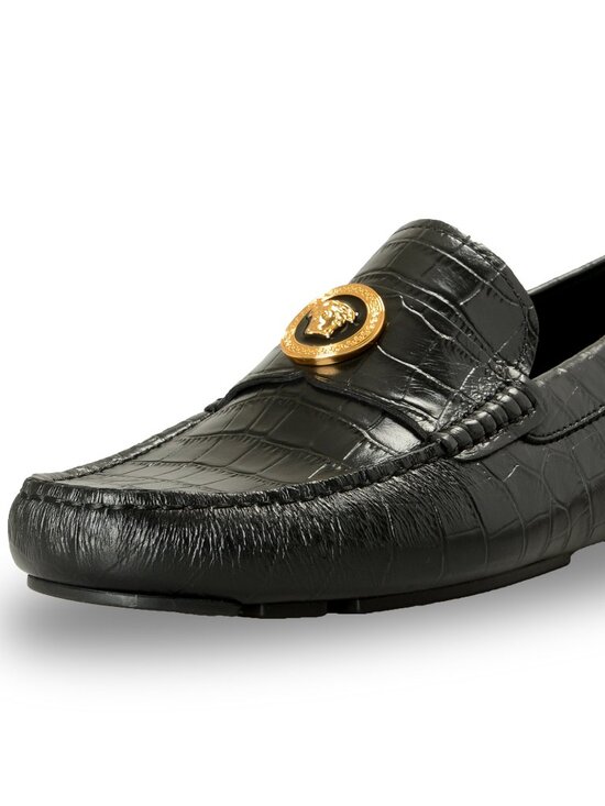 Versace Men\'s Black Leather Croc Print Medusa Driver Loafers Shoes US 9 IT 42